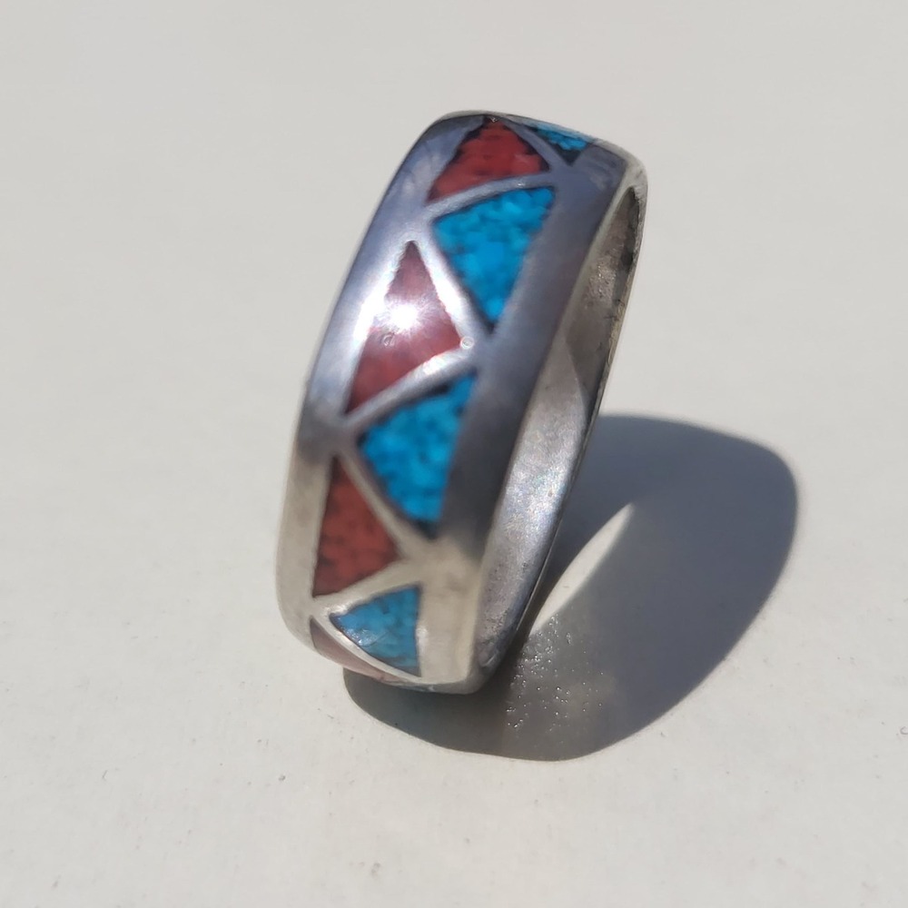 Vintage Sterling Silver Turquoise Coral Inlay Triangle Band Ring Size 7 Blue - Picture 8 of 8